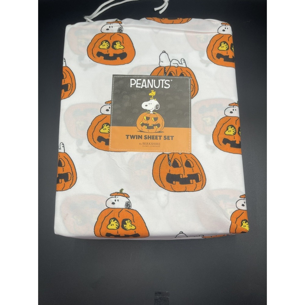 Berkshire Peanuts Halloween Snoopy Pumpkin TWIN Sheet Set White 3pc New